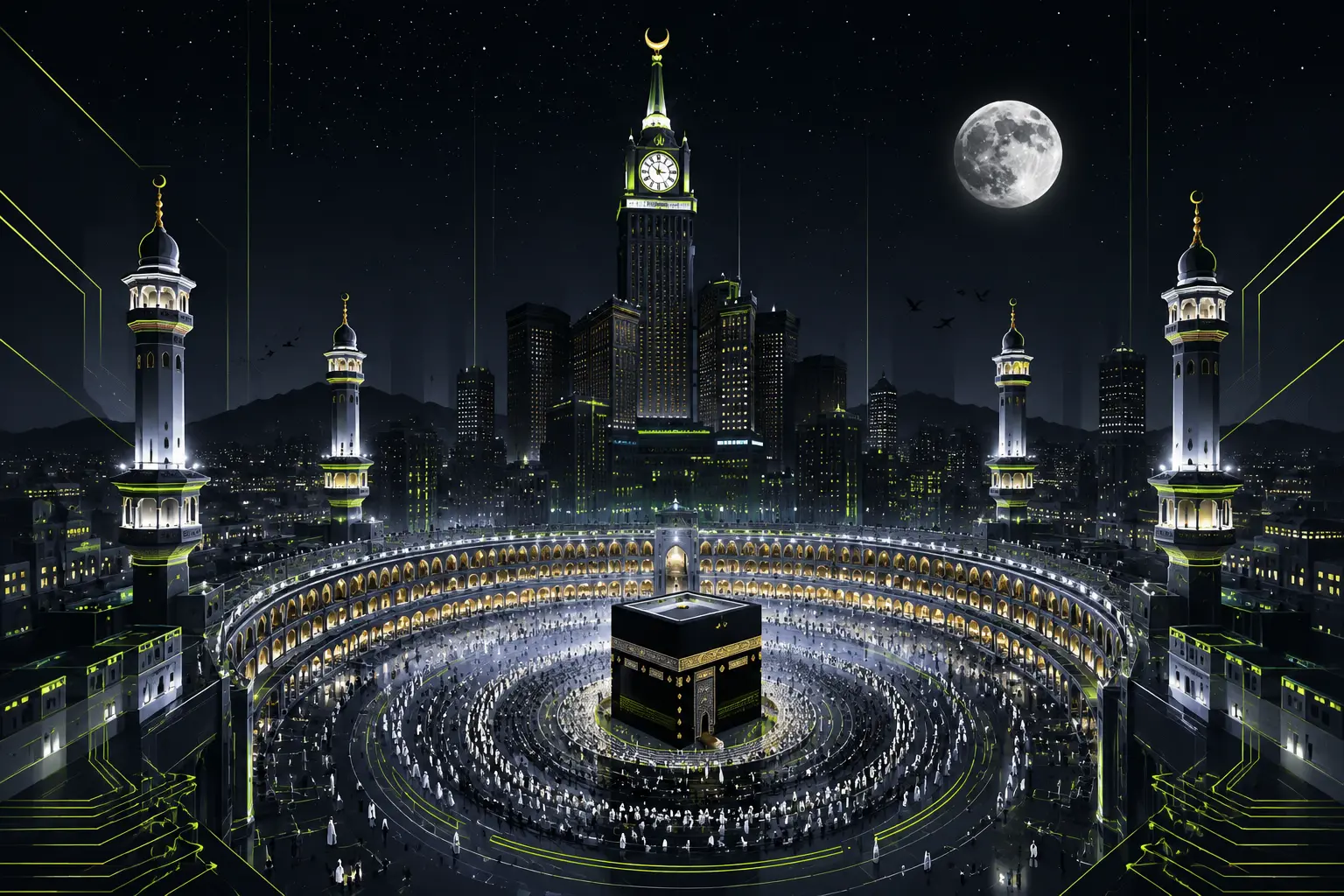 Le Masjid al-Haram et la Kaaba de nuit, illuminés et entourés de pèlerins.